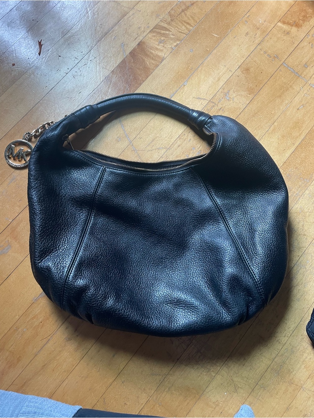 Michael Kors Black Pebbled Leather Hobo with Gold MK Charm